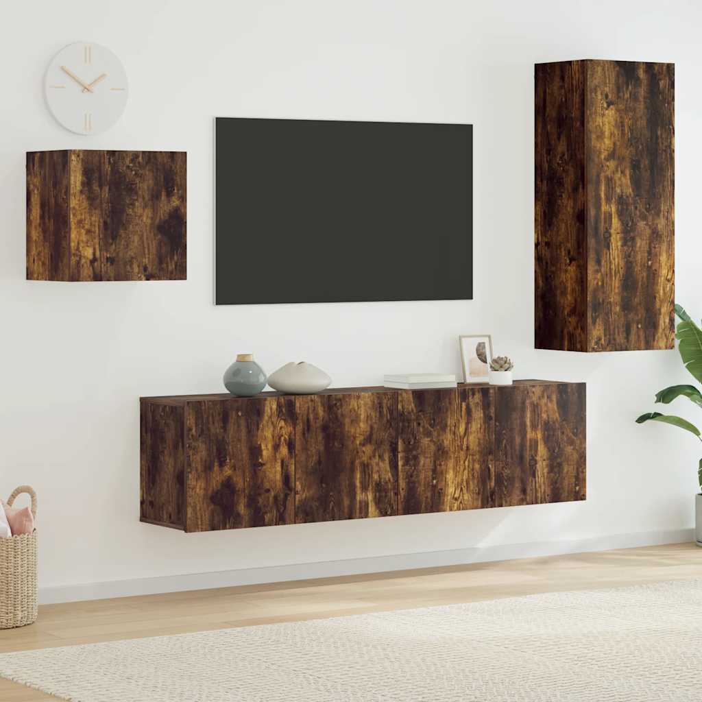 4 Piece TV Wall Units Engineered Wood Smoked oak