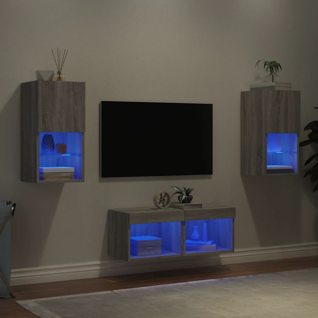 4 Piece TV Wall Cabinets with LED Lights Grey sonoma