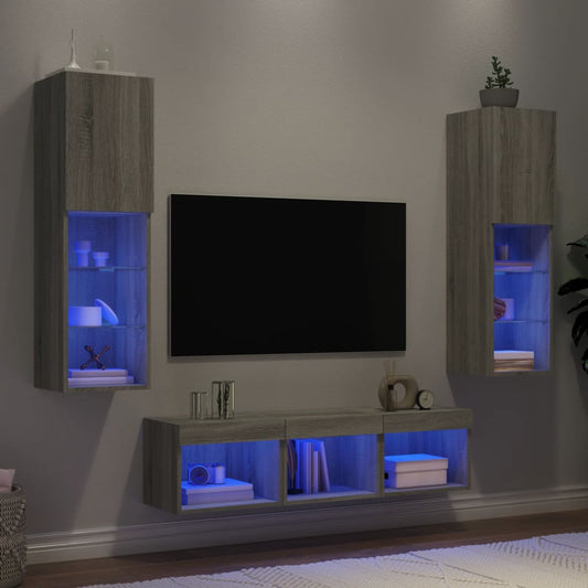5 Piece TV Wall Units with LED Engineered Wood Grey sonoma