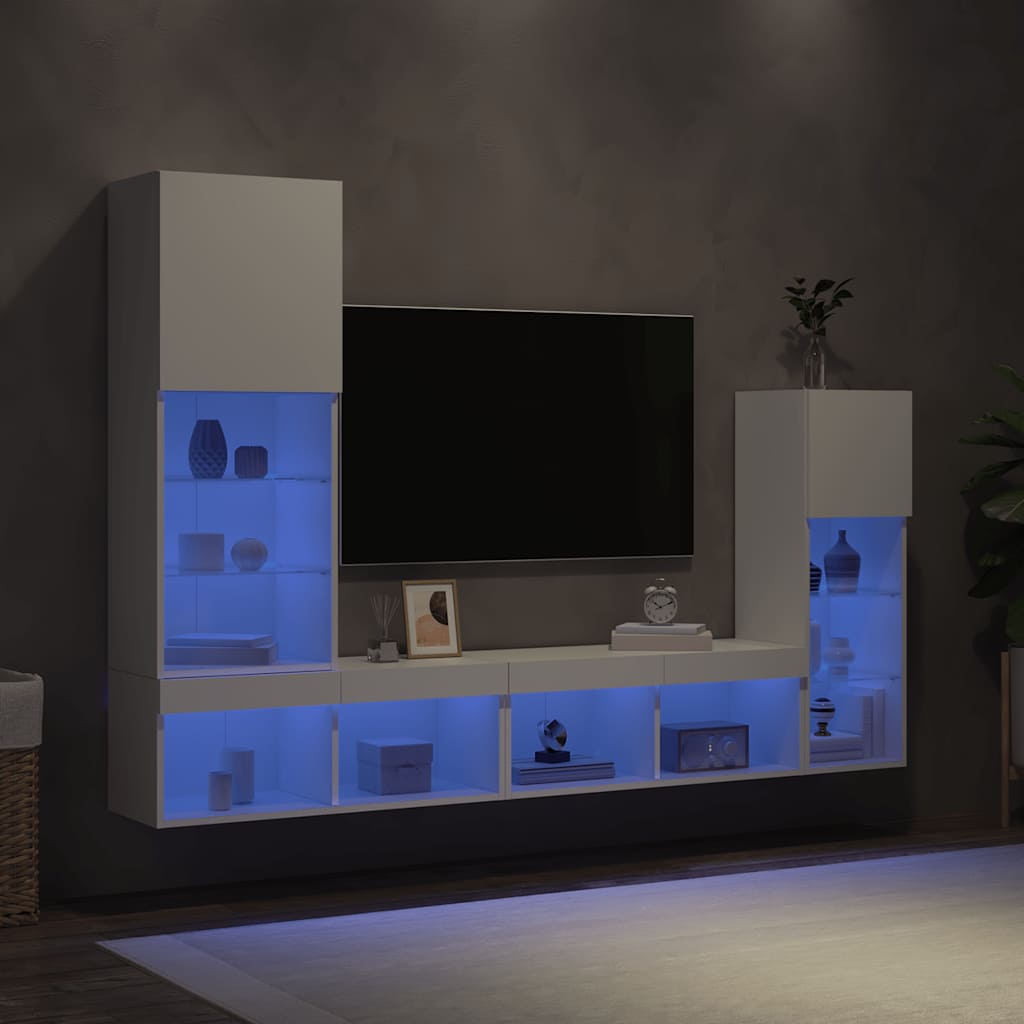 4 Piece TV Wall Units with LED Engineered Wood White