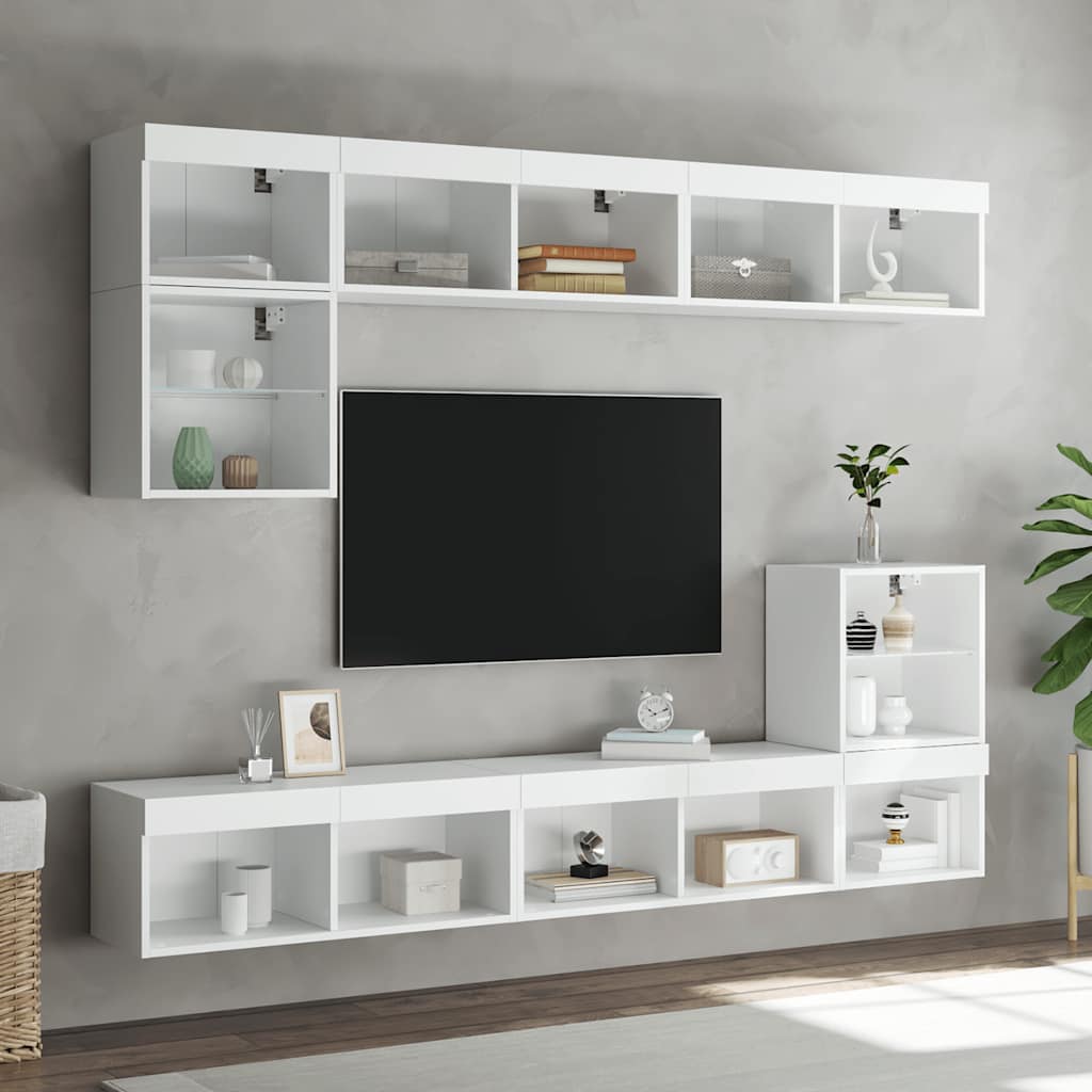 8 Piece TV Wall Units with LED Engineered Wood White