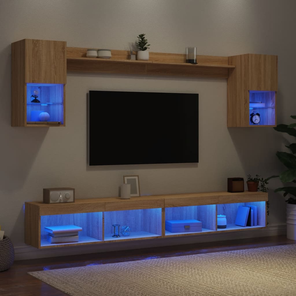 6 Piece TV Wall Units with LED Engineered Wood Sonoma oak
