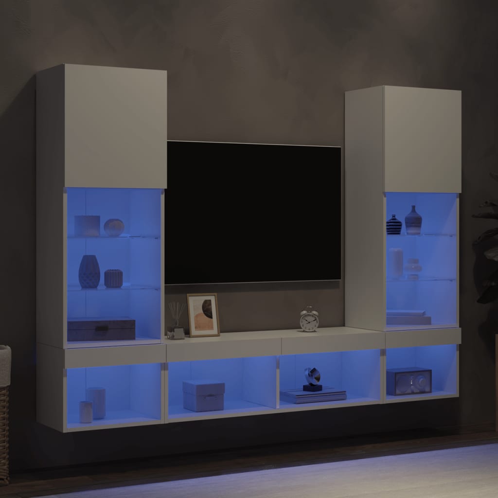 5 Piece TV Wall Units with LED Engineered Wood White