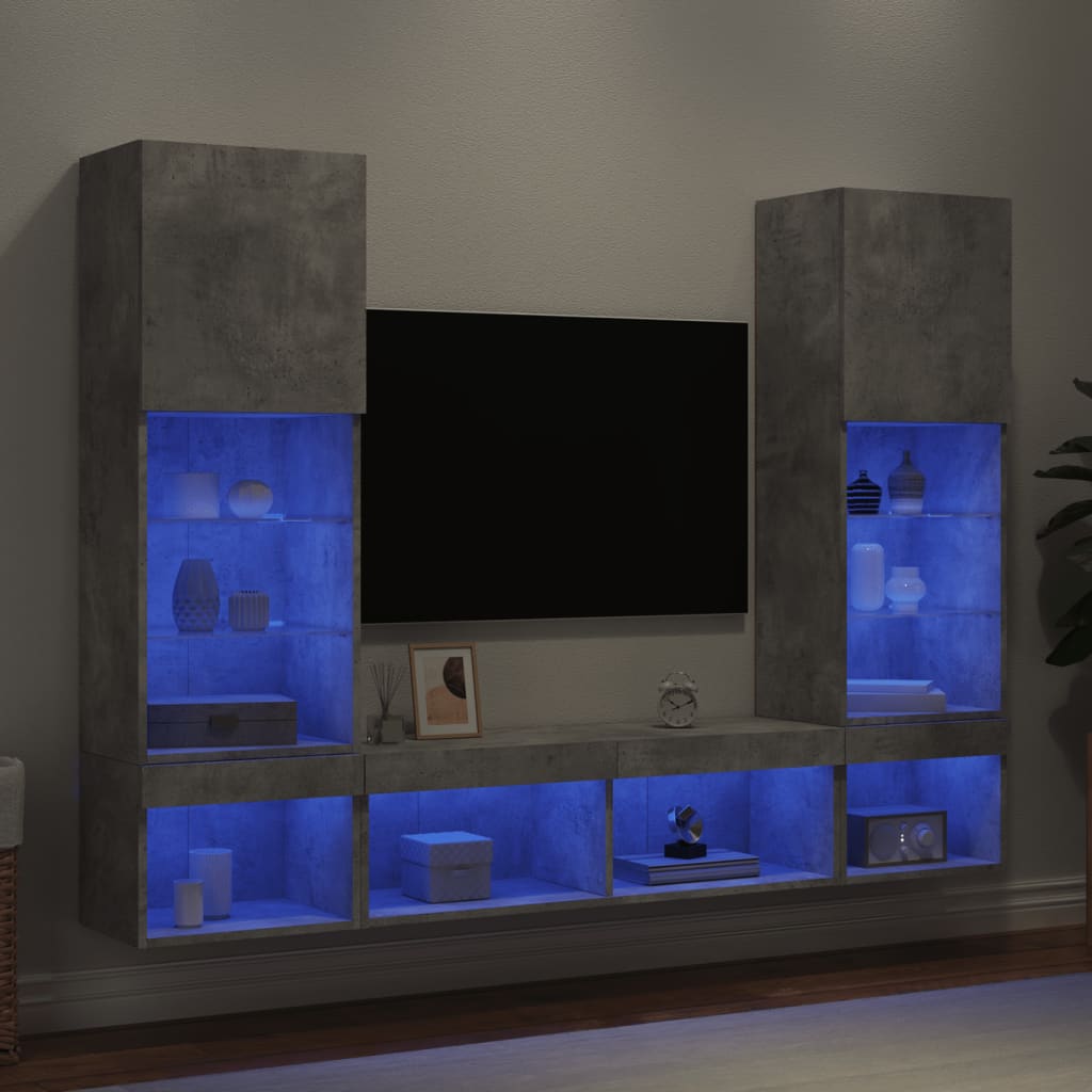 5 Piece TV Wall Units with LED Engineered Wood Concrete grey