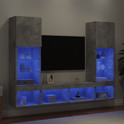 5 Piece TV Wall Units with LED Engineered Wood Concrete grey