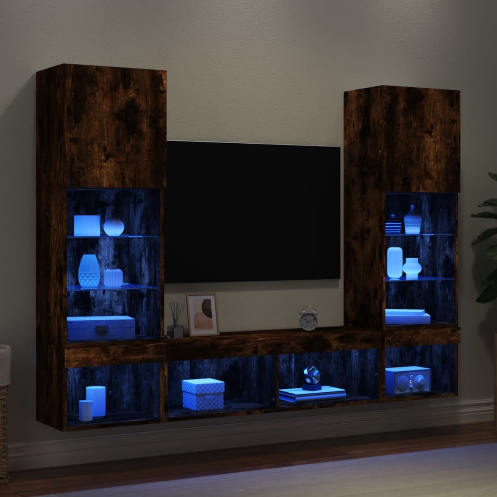 5 Piece TV Wall Units with LED Engineered Wood Smoked oak