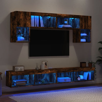 6 Piece TV Wall Units with LED Engineered Wood Smoked oak