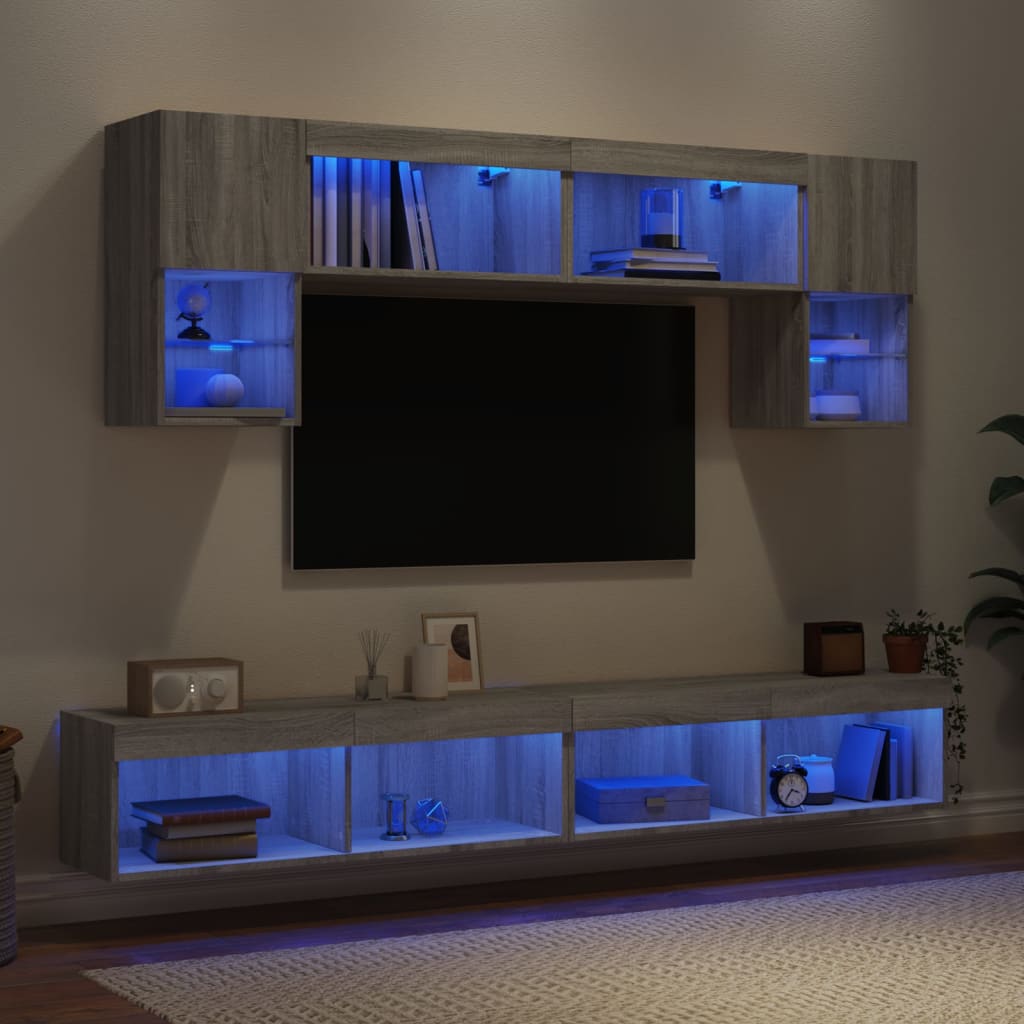 6 Piece TV Wall Units with LED Engineered Wood Grey sonoma