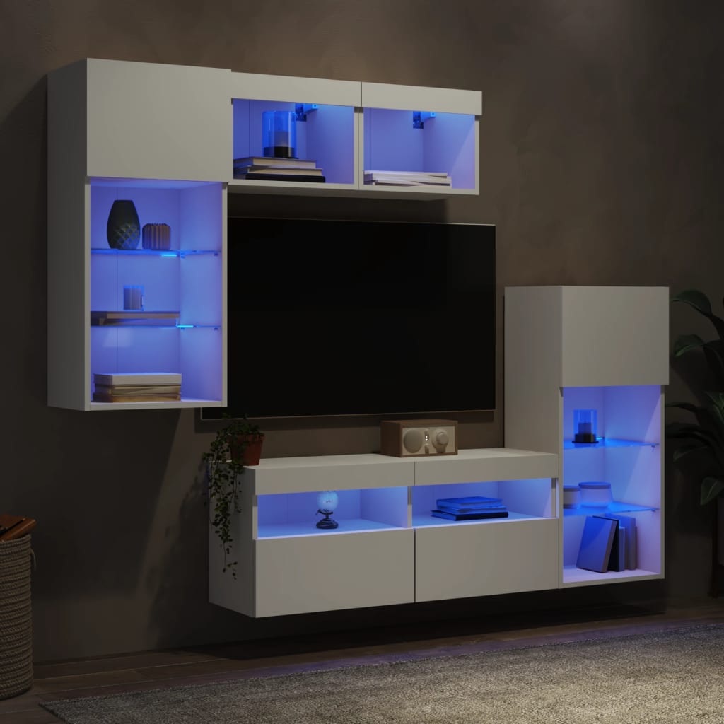 5 Piece TV Wall Units with LED Engineered Wood White
