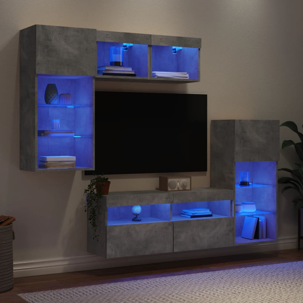 5 Piece TV Wall Units with LED Engineered Wood Concrete grey