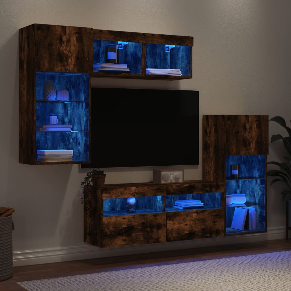 5 Piece TV Wall Units with LED Engineered Wood Smoked oak