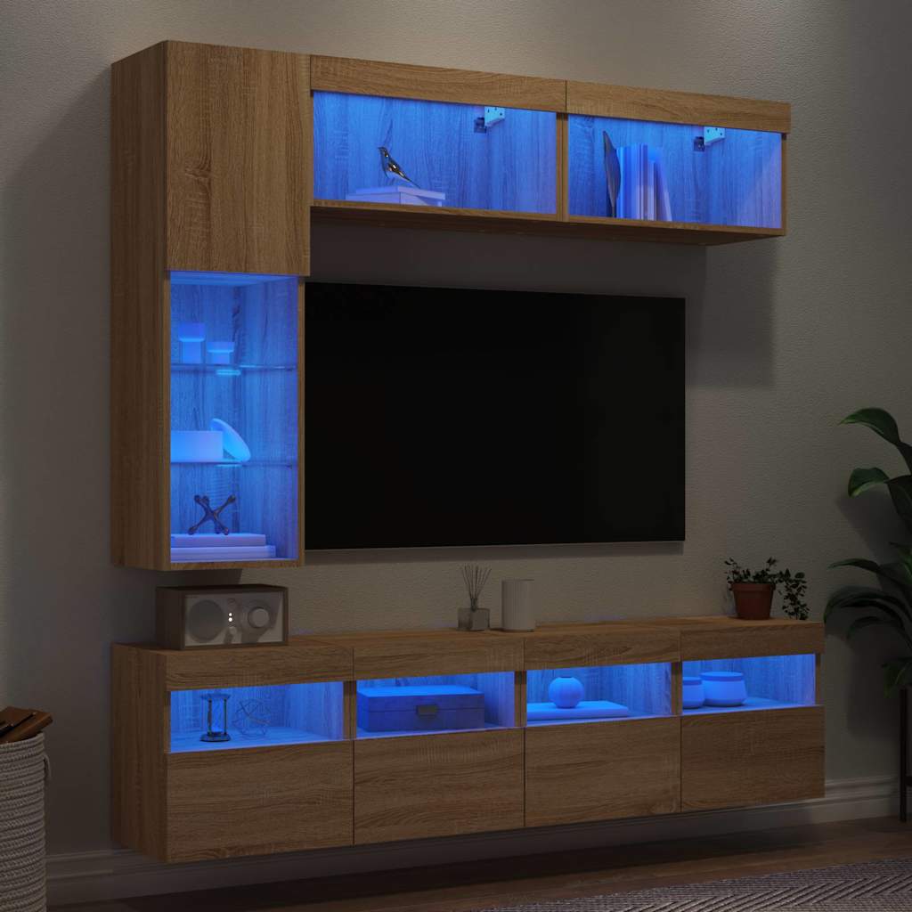 7 Piece TV Wall Cabinet Set with LED Lights Sonoma oak