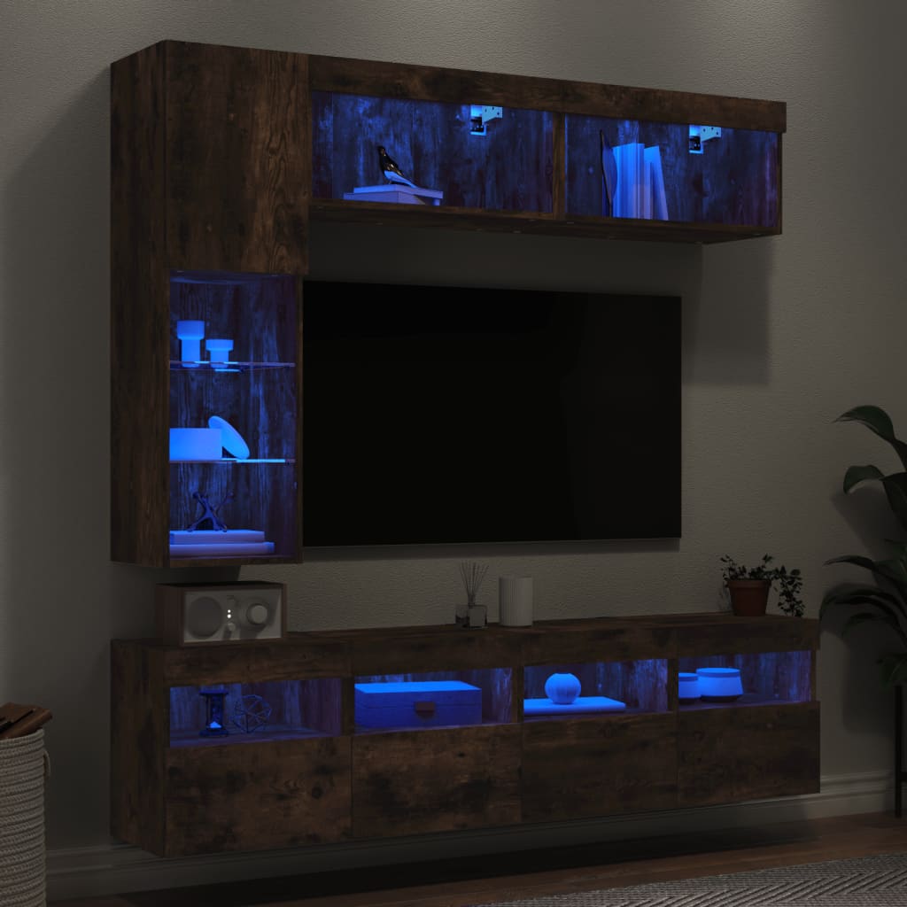 7 Piece TV Wall Cabinet Set with LED Lights Smoked oak