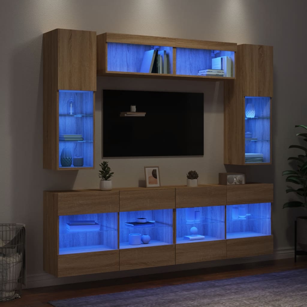 6 Piece TV Wall Cabinet Set with LED Lights Sonoma oak