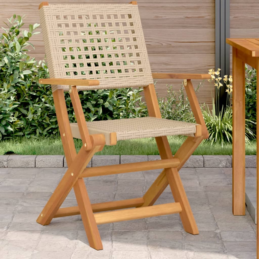 Folding Chairs Poly Rattan and Solid Wood Beige 2