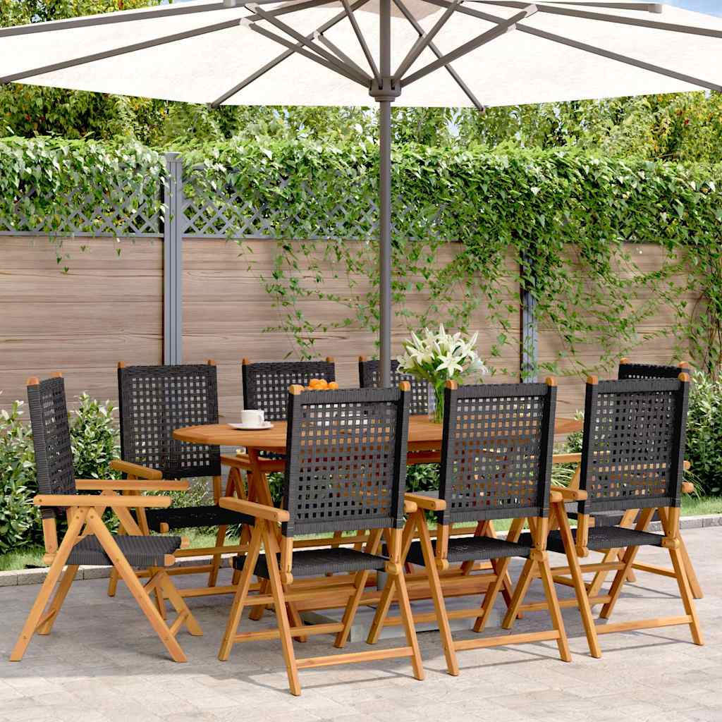 vidaXL Reclining Folding Chairs 8 pcs Black Poly Rattan and Solid Wood 1