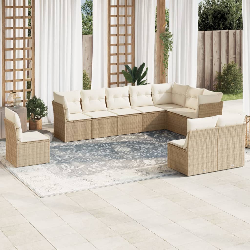 10 Piece Garden Sofa Set with Cushions Beige Poly Rattan