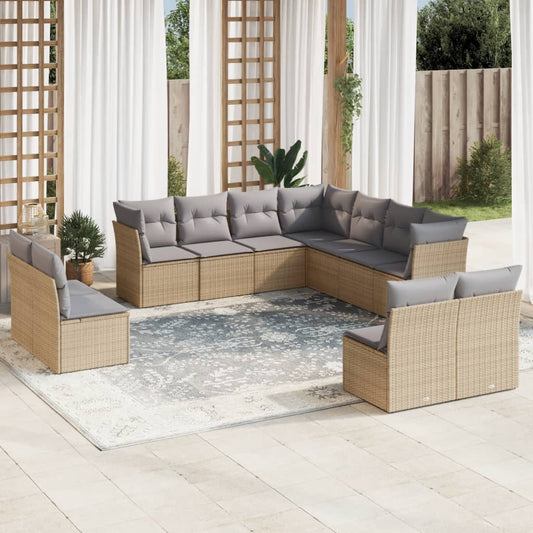 11 Piece Garden Sofa Set with Cushions Beige Poly Rattan