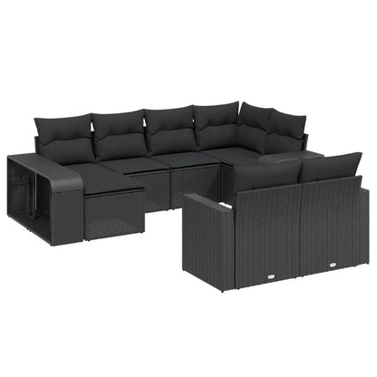 10 Piece Garden Sofa Set with Cushions Black Poly Rattan