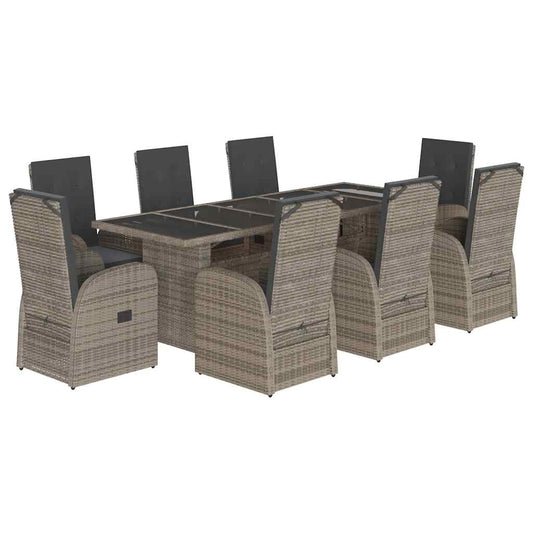 vidaXL 9 Piece Garden Dining Set with Cushions Grey Poly Rattan 2
