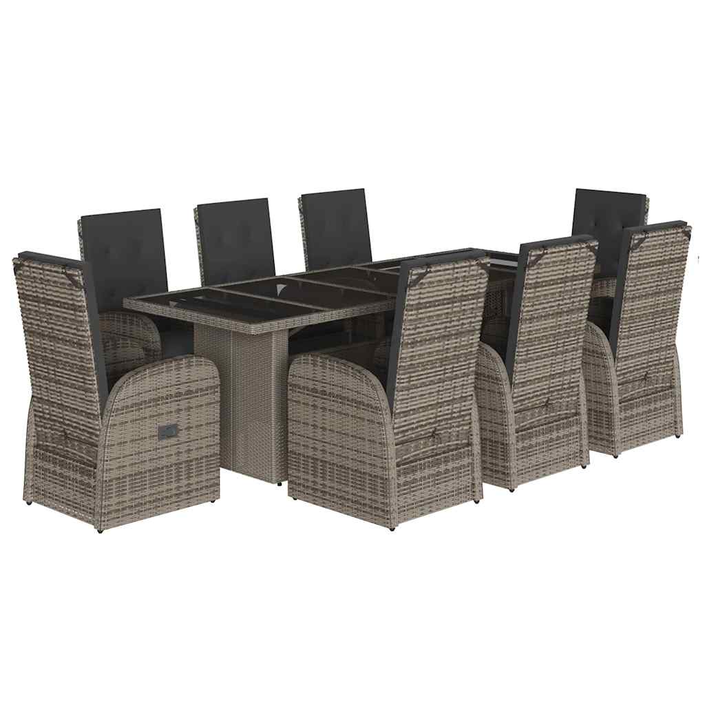 vidaXL 9 Piece Garden Dining Set with Cushions Grey Poly Rattan 2