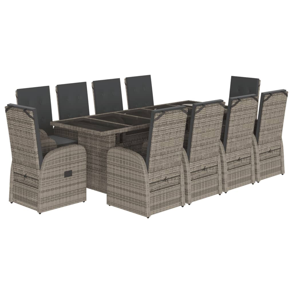 vidaXL 11 Piece Garden Dining Set with Cushions Grey Poly Rattan 2