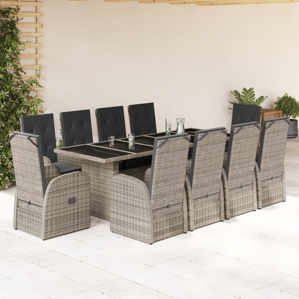 vidaXL 11 Piece Garden Dining Set with Cushions Grey Poly Rattan 1