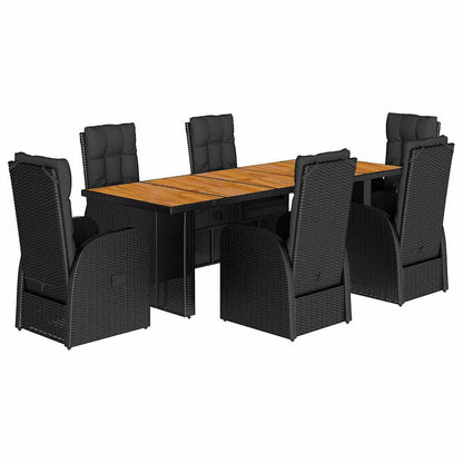 9 Piece Garden Dining Set with Cushions Black Poly Rattan Wood Reclining chair 6