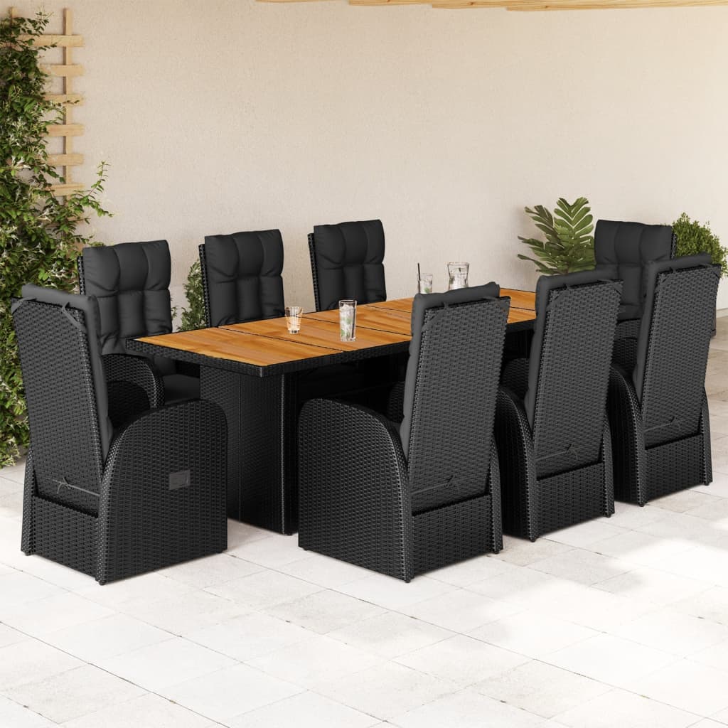 vidaXL 9 Piece Garden Dining Set with Cushions Black Poly Rattan 1