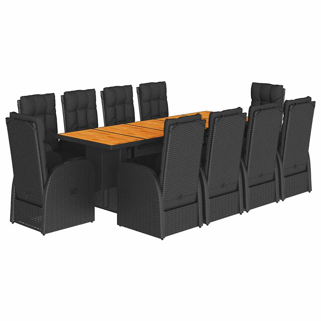 9 Piece Garden Dining Set with Cushions Black Poly Rattan Wood Chair + reclining chair 10