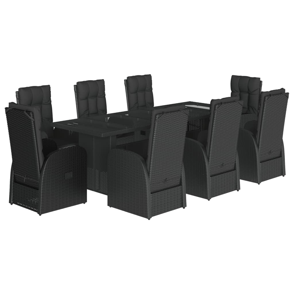 9 Piece Garden Dining Set with Cushions Black Poly Rattan Glass Chair 8