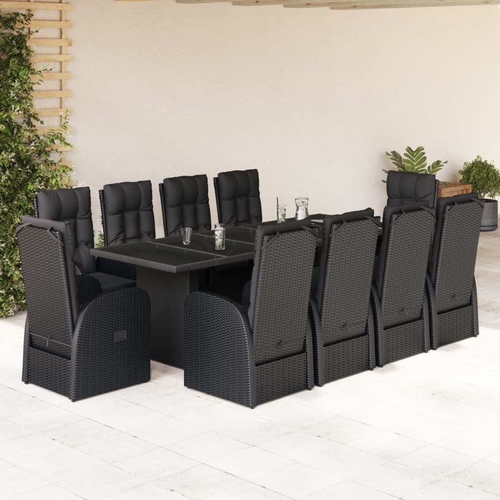 vidaXL 11 Piece Garden Dining Set with Cushions Black Poly Rattan 1