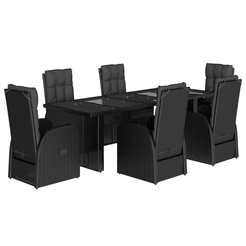 9 Piece Garden Dining Set with Cushions Black Poly Rattan Glass Reclining chair 6