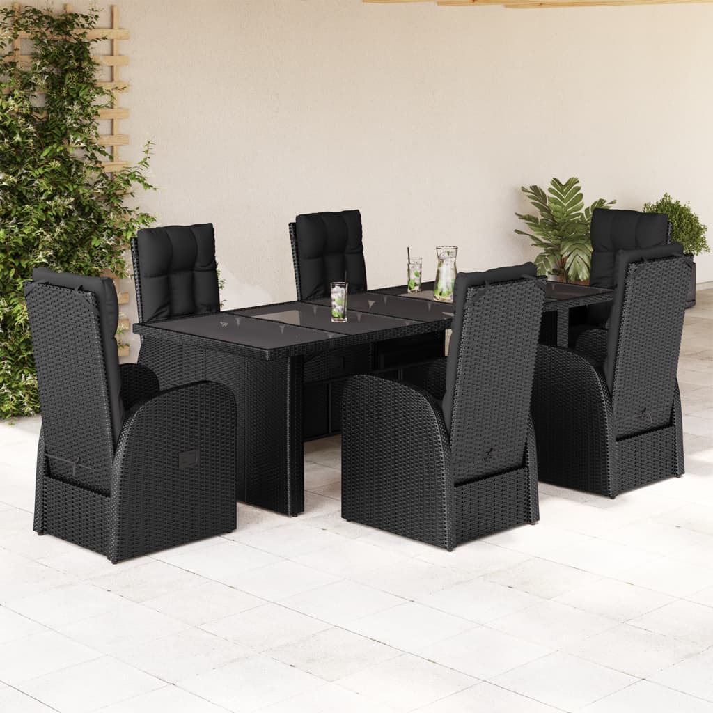 9 Piece Garden Dining Set with Cushions Black Poly Rattan Glass Reclining chair 6