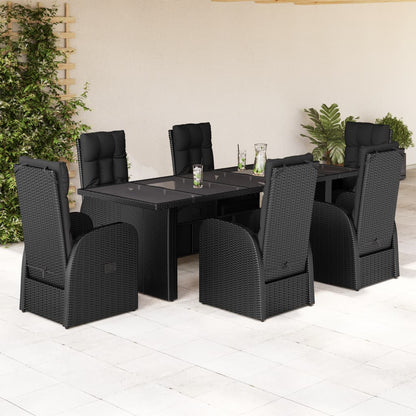 9 Piece Garden Dining Set with Cushions Black Poly Rattan Glass Reclining chair 6