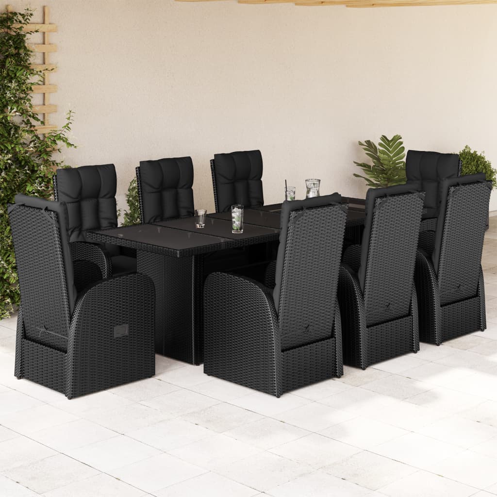 vidaXL 9 Piece Garden Dining Set with Cushions Black Poly Rattan 1