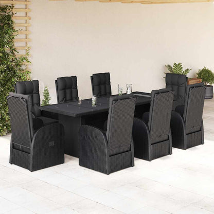 9 Piece Garden Dining Set with Cushions Black Poly Rattan Glass Chair + reclining chair 8