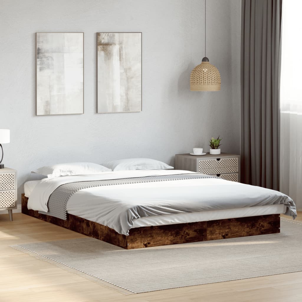 Bed Frame without Mattress Engineered Wood Length 200 cm Height 17 cm Smoked Oak 140 cm
