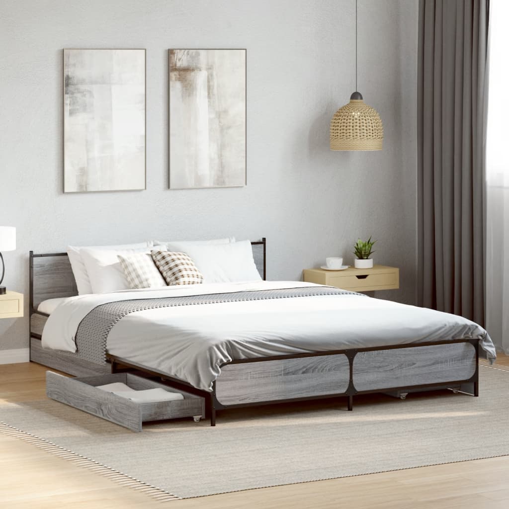 Bed Frame with Drawers without Mattress Grey sonoma 135 cm
