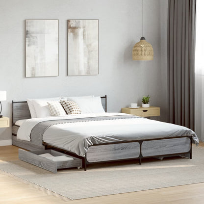 Bed Frame with Drawers without Mattress Grey sonoma 135 cm