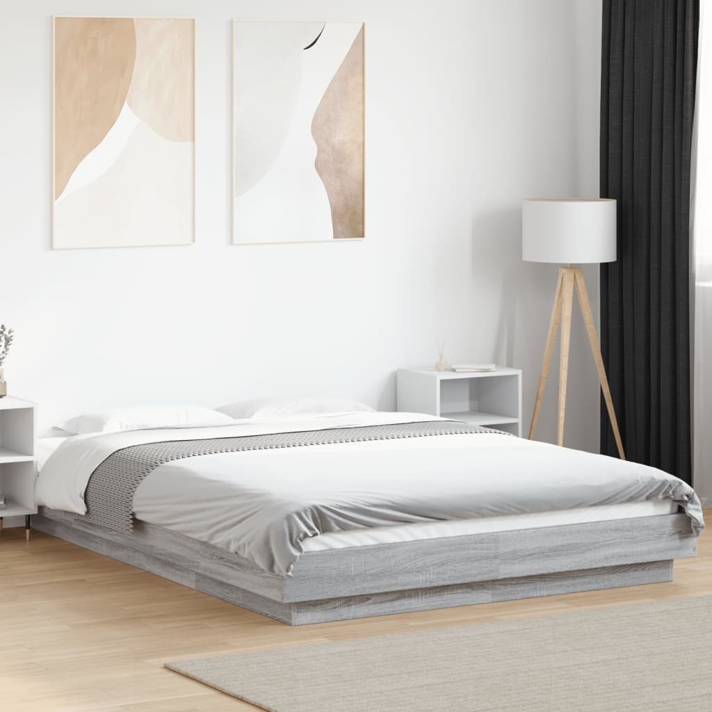 Bed Frame with LED Lights without Mattress 140x190cm Grey sonoma