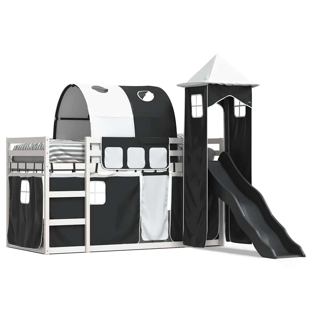 Bunk Bed without Mattress with Slide and Curtains White and black