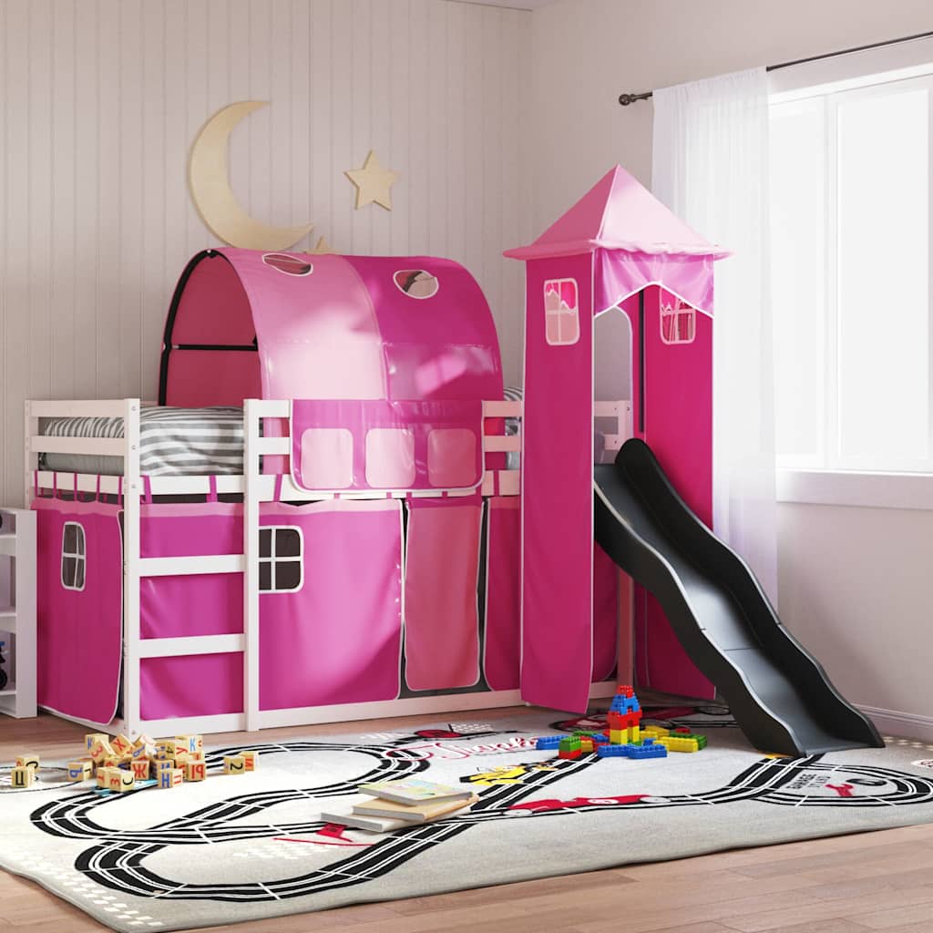 Bunk Bed without Mattress with Slide and Curtains White and pink