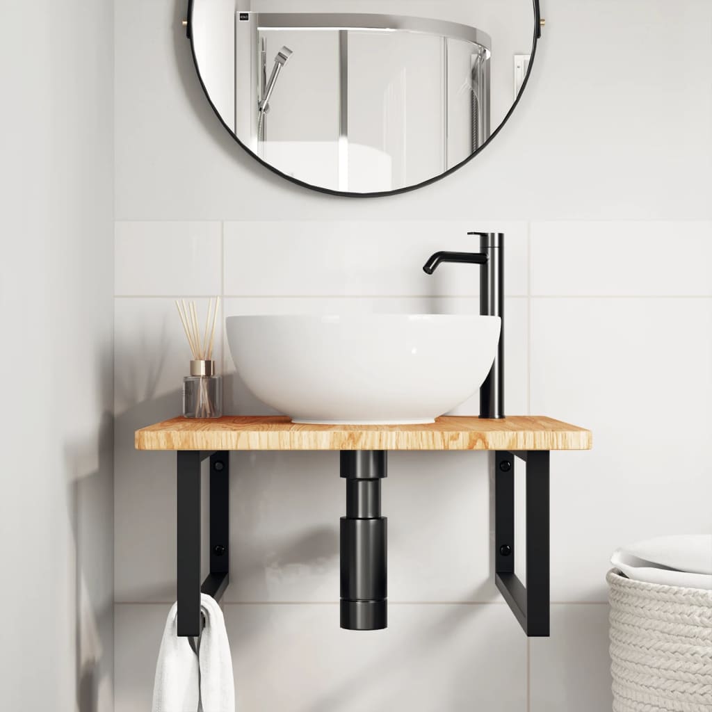 Basin Shelf Wall Mounted Steel and Solid Wood Oak Rectangular Width 60 cm Light brown and black