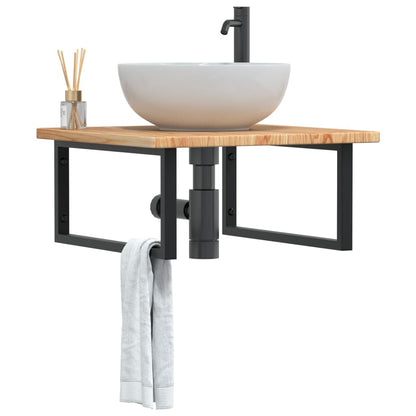 Basin Shelf Wall Mounted Steel and Solid Wood Oak Rectangular Width 60 cm Light brown and black