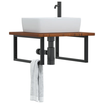 Basin Shelf Wall Mounted Steel and Solid Wood Oak Rectangular Width 60 cm Dark brown and black
