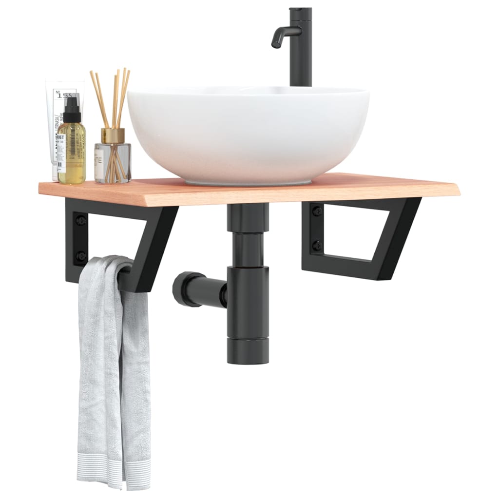 Basin Shelf Wall Mounted Steel and Solid Wood Oak Trapezium Depth 40 cm Light brown and black 60 cm