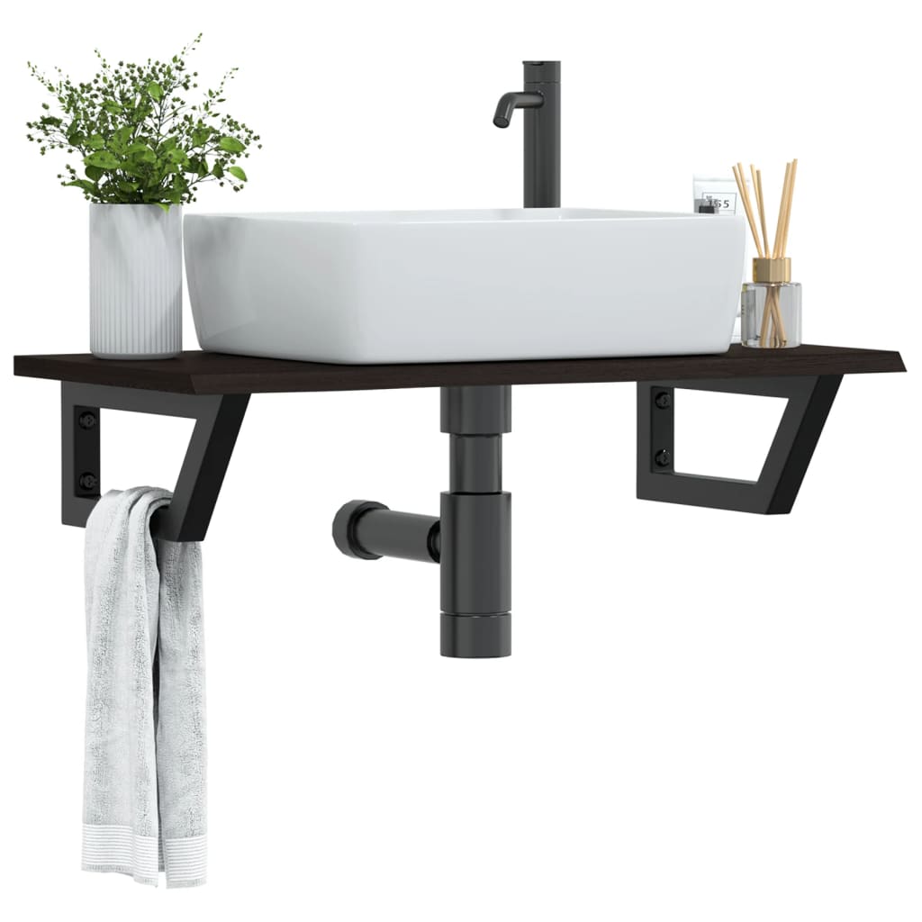 Basin Shelf Wall Mounted Steel and Solid Wood Oak Trapezium Depth 40 cm Dark brown and black 80 cm