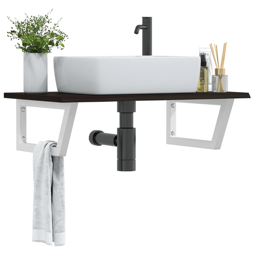 Basin Shelf Wall Mounted Steel and Solid Wood Oak Trapezium Depth 50 cm Width 80 cm Dark brown and white