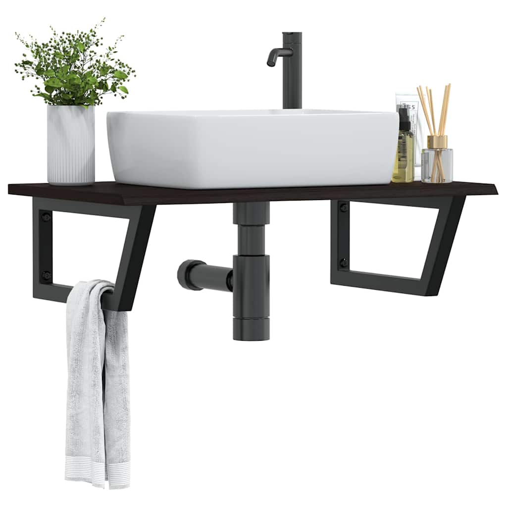 Basin Shelf Wall Mounted Steel and Solid Wood Oak Trapezium Depth 50 cm Width 80 cm Dark brown and black